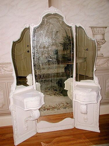 French mirrored vanity tri-fold etched carved 19th