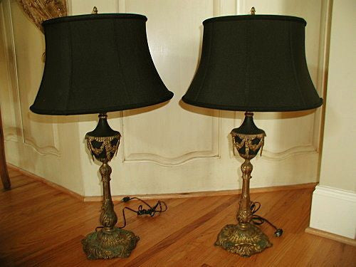 French Bronze Lamps 19th C Pair with Black And Silk Shades