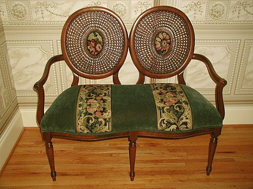 Caned Back Settee Fruitwood Velvet And Tapestry Early 1900's