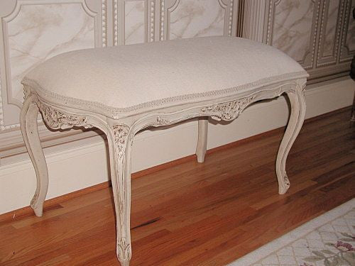 French Stool Bench 19th C Hand Carved Louis XV New White Linen