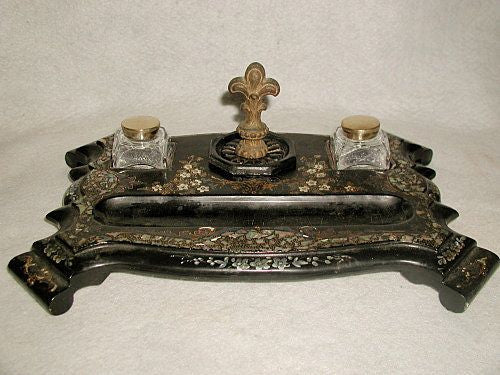 Papier Mache Inkwell Dual Inlaid Hand Painted France 19th C