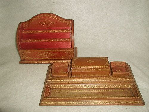 Leather Desk Set Gold Tooled Italy 19th Century