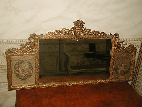 French Gilt Mirror With Prints Carved 19th Century