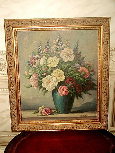 Signed original oil still life painting early 1900's new ornate frame