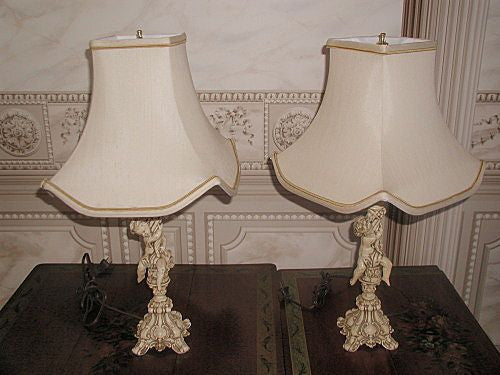 Metal Cherub Lamps Rewired Custom Silk Shades Early 1900's