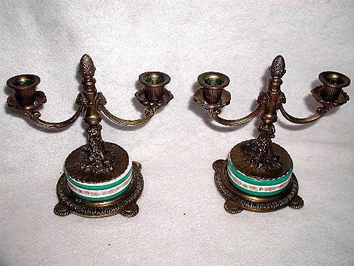 Dual candle holders porcelain brass early 1900's France