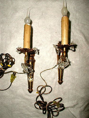 French Sconces Brass Crystal Prisms C.1900 Rewired