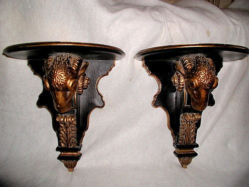 Rams head corbels wooden pair black gilt 20th century