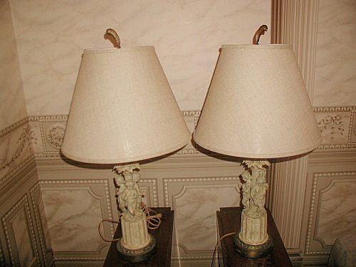 Bisque Cherub Lamps France Linen Shades Early 1900's
