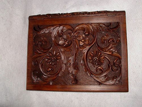 English Cigar Box Desk Stationary Hand Carved Walnut Mid 19th Century