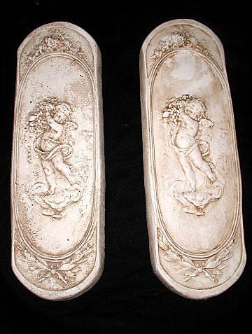 French Concrete Plaques Pair Cherub Early 1900's