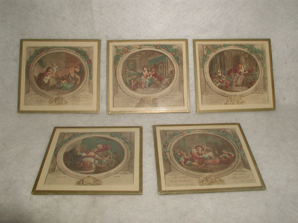 French Mini Engravings Set 5 Framed Hand Colored 19th Century