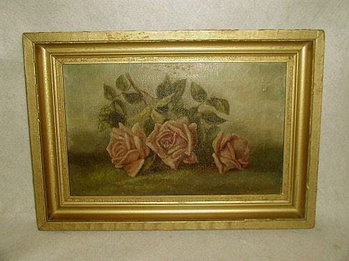Roses Oil Painting Framed Gilt Canvas Unsigned 19th C Europe