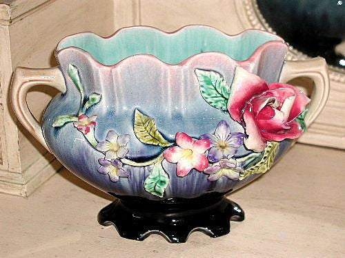 French Majolica Vase C.1900 Signed Applied Floral Hand Painted