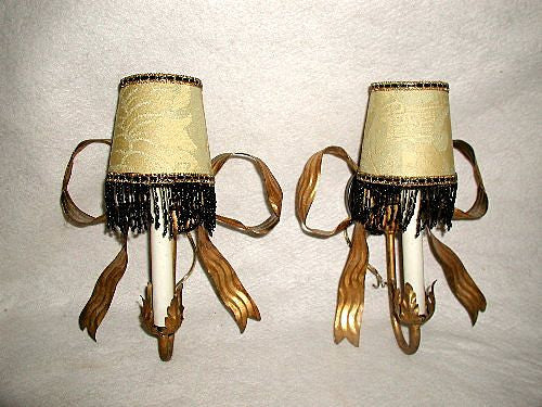 Pair French Sconces Gilt Metal Bows Beaded Brocade Shades Early 1900's