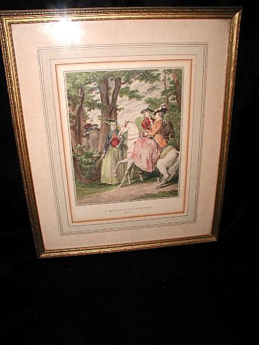 Framed French Engraving 19th Century Vivid Hand Colored