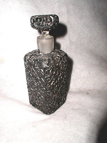 Perfume Oil Bottle Glass Pewter Foliate Casing Early 1900's