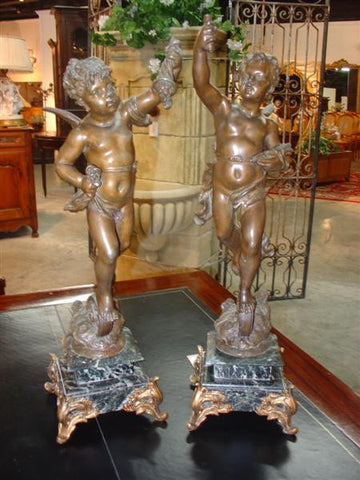 Pair of French Spelter Cherub Figures with Bronze Patina Mounted to Marble Bases