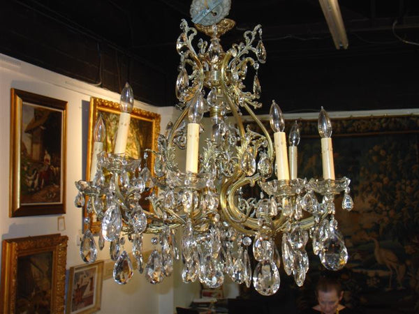 10 Light Bronze Chandelier with Antique Crystals from France