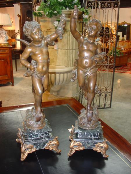 Pair of French Spelter Cherub Figures with Bronze Patina Mounted to Marble Bases