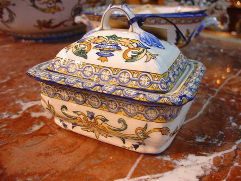 Antique French Gien Faience-Cotton Ball Holder and Three Piece Soap Dish