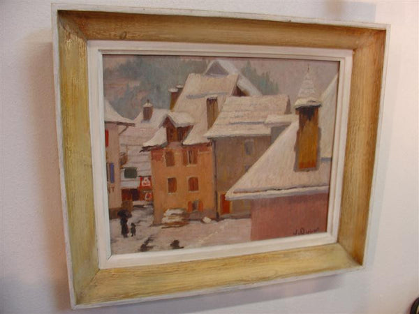 Signed Oil Painting Depicting Snowy Mountain Village Scene