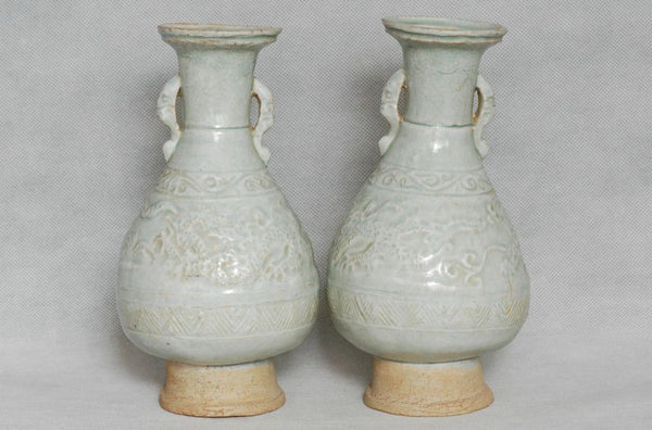 Pair of Chinese Yuan Qingbai Vase w Dragon , 13C